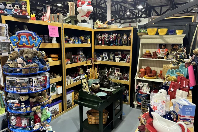 Shelves of Funko Pop boxes, plush toys and seasonal decorations